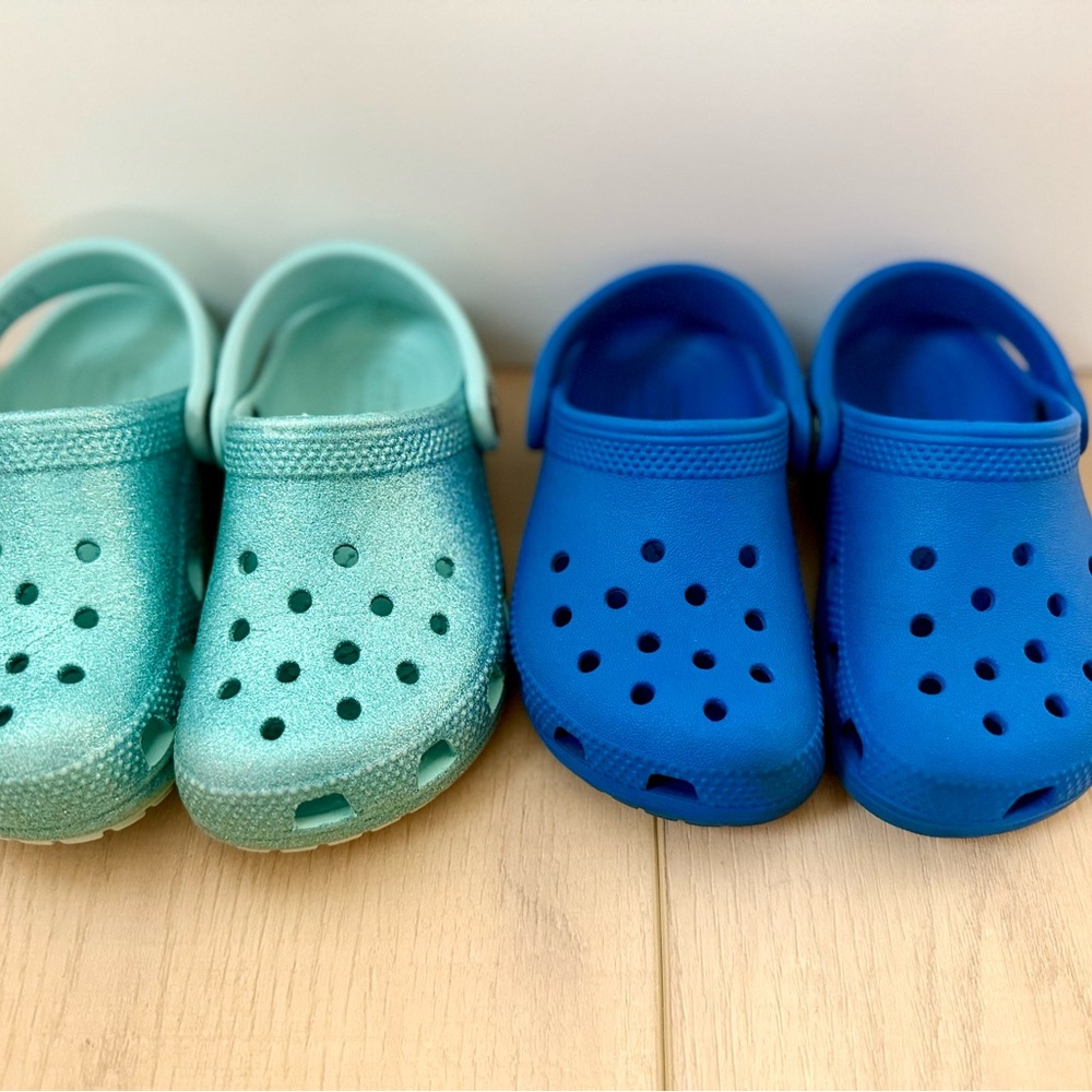 Crocs Teal Glitter Size 9 & Bolt Blue Size 8 Clog Boy Girl LOT 2 PAIRS